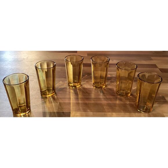 Vtg Hazel Atlas MCM 1960s Amber Glass Panel Optic Juice Tumblers 3.75” Set of 6 - Picture 6 of 9